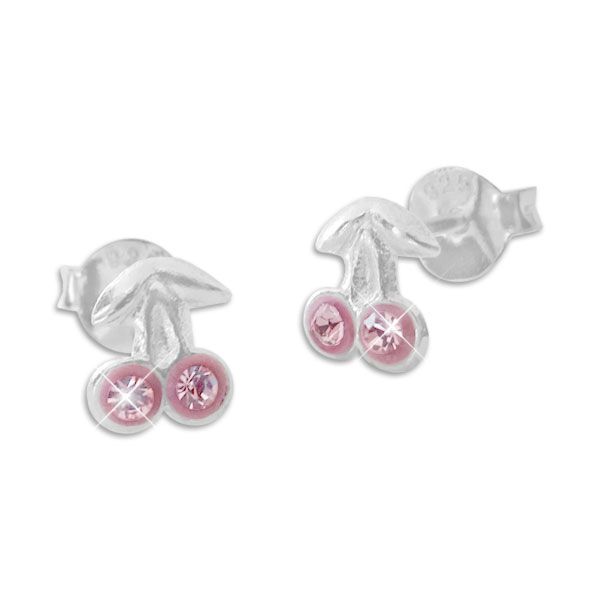 Zarte Kirschen Ohrstecker Ohrringe mit rosa Strass Kristallen 925 Silber