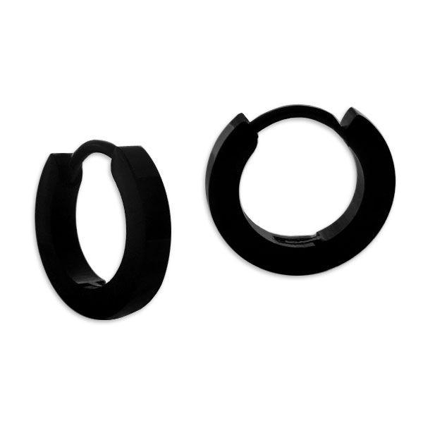 Schwarze Edelstahl Creolen 13 x 2,5 mm glänzend Klapp-Creolen Herren