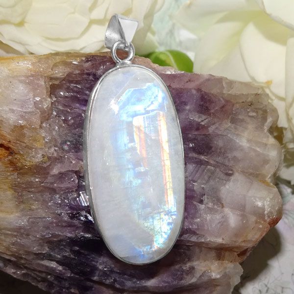 Großer Regenbogen Mondsteinanhänger oval 36 x 18 mm 925 Silber Unikat