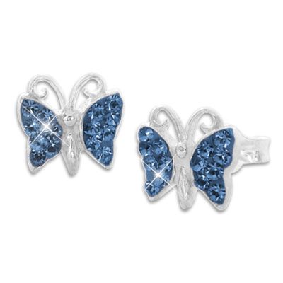 Ohrringe für Mädchen Ohrstecker Schmetterling mit blauen Strass Steinen 925 Silber