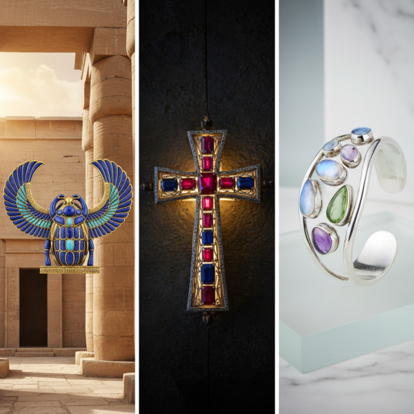 Collage mit antikem aegyptischem Edelsteinschmuck, mittelalterlichem Kirchenschatzkreuz und modernem Silberarmband mit Edelsteinen