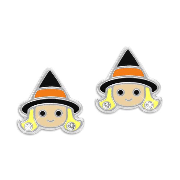 Kinder Ohrstecker Hexenkopf mit Strass Steinen 925 Silber Halloween Ohrringe