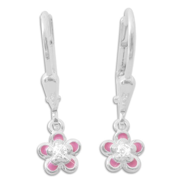 Ohrringe rosa Blümchen mit weißen Zirkonia Strass Steinen 925 Silber