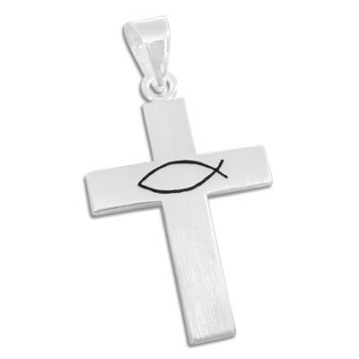Anhänger Kreuz mit Ichthys mattiert 925 Silber Kreuzanhänger mit Fisch-Symbol