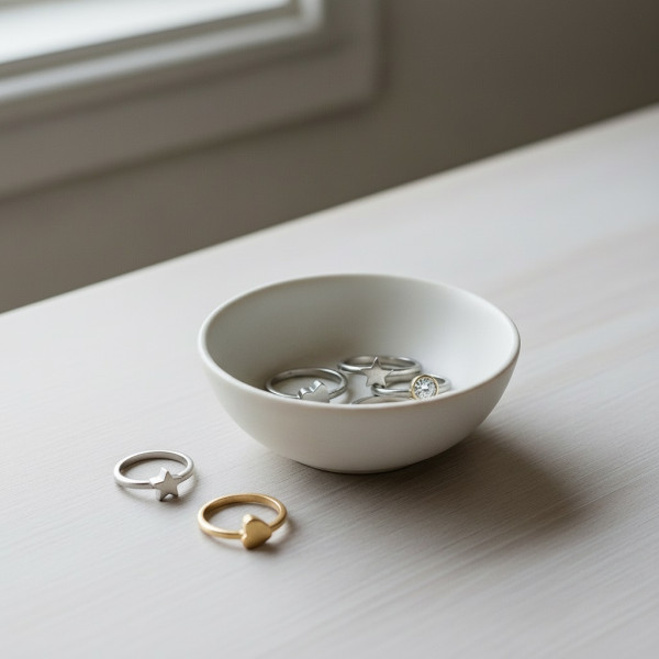 Mehrere Kinderinge mit kindgerechten Motiven in einer kleinen Schale