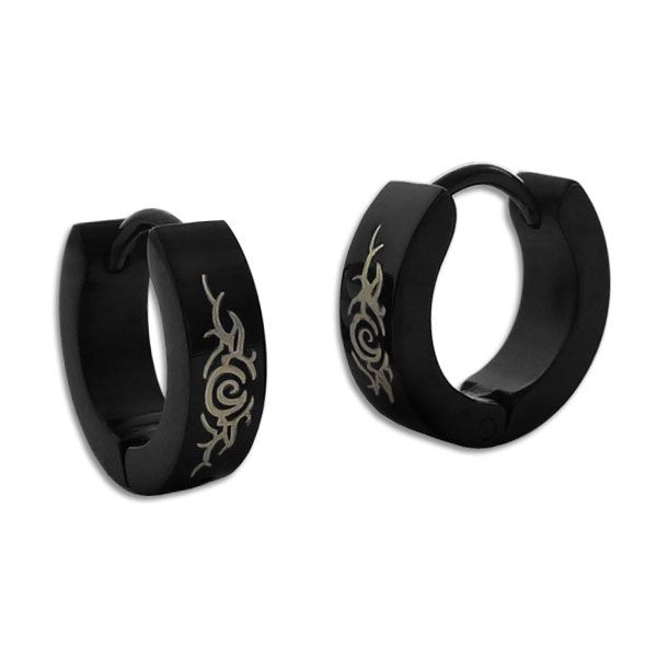 Schwarze Edelstahl Creolen Ohrringe mit Tribal Tattoo Motiv