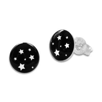 Runde Ohrstecker weiße Sterne auf schwarz 925 Silber