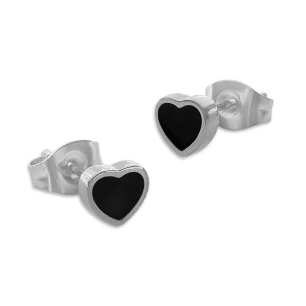 Edelstahl Ohrstecker Herz mit schwarzem Inlett silber Damen Ohrringe