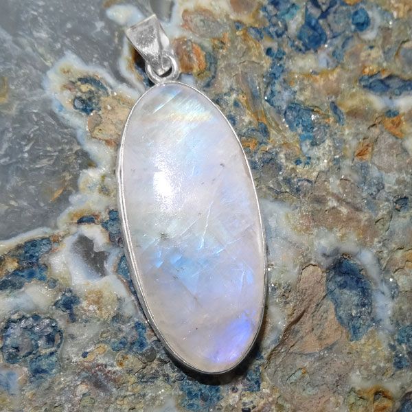 Länglicher Regenbogen Mondstein Anhänger 37 x 18 mm 925 Silber Unikat