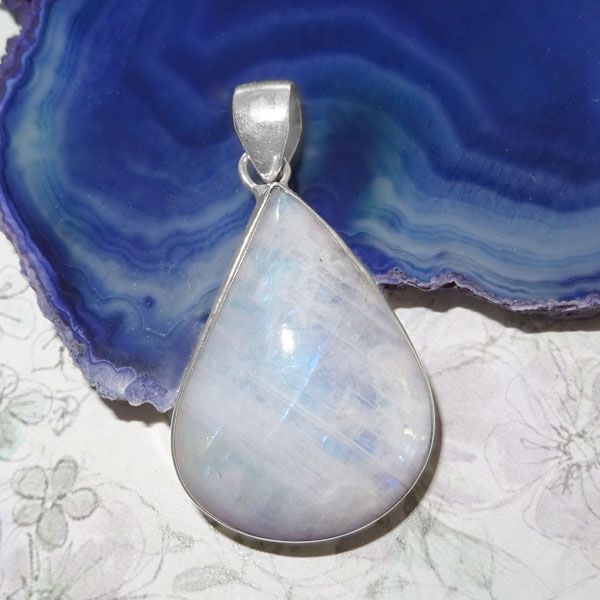 Regenbogen Mondstein Tropfen Anhänger 30 x 23 mm 925 Silber Unikat