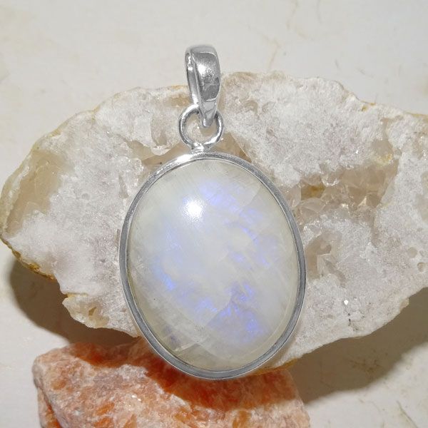 Ovaler Mondstein Anhänger Blauschimmer 28 x 23 mm 925 Silber Unikat