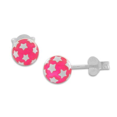 Kugel Ohrstecker neon rosa mit weißen Sternen 925 Silber