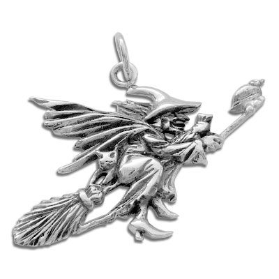 Anhänger Hexe auf Besen mit Vogel 925 Silber Hexenanhänger