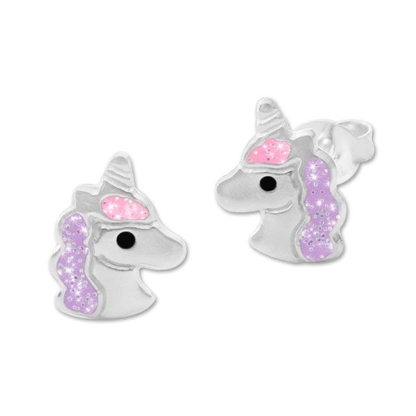 Kinder Glitzer Ohrringe mit Einhorn lila rosa 925 Silber