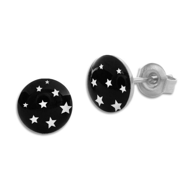 Runde Ohrstecker Ohrringe weiße Sterne auf schwarz 7 mm Edelstahl