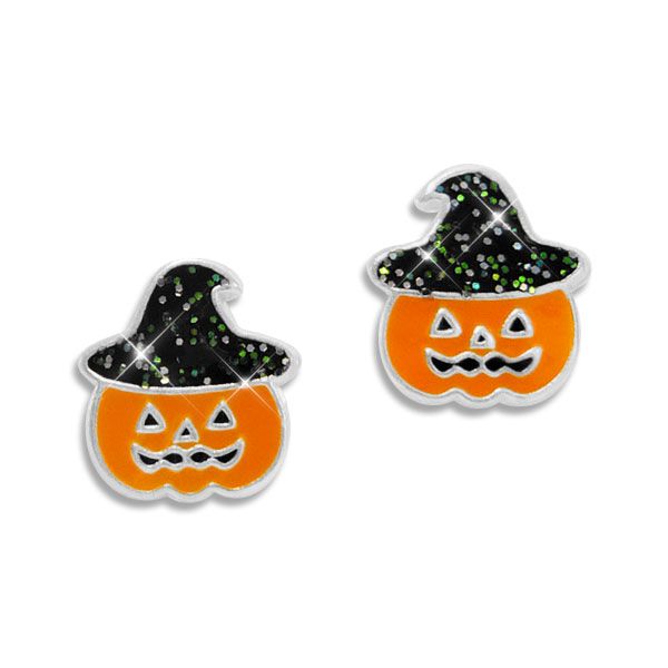 Halloween Kürbis Ohrstecker mit Hut und Glitzer 925 Silber