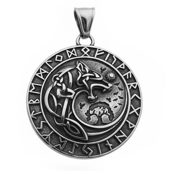 Anhänger Fenriswolf im Kreis mit Runen Edelstahl