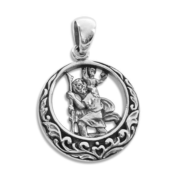 Runder Christophorus Anhänger mit Ornamenten 925 Silber