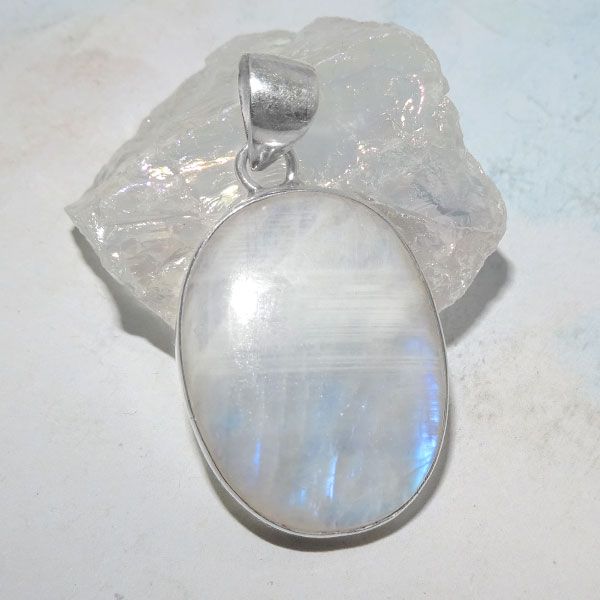 Großer Mondstein Anhänger oval blau 29 x 22 mm 925 Silber Unikat