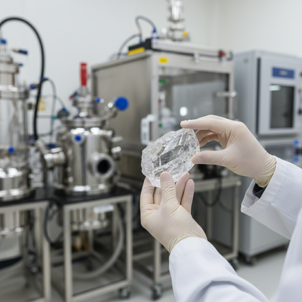 Moderne Laborszene mit einer Person in Schutzkleidung, die einen gezüchteten Edelsteinkristall in der Hand hält