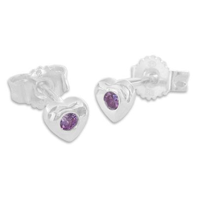 Kleine Mädchen Herz Ohrstecker mit Zirkonia amethyst lila 925 Silber