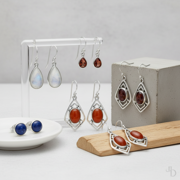 Kombination aus Mondstein-Ohrsteckern mit glatter Silberfassung und filigranen Boho-Ohrringen mit Granat und Karneol, als Beispiele für unterschiedliche Fassungsarten bei Ohrringen