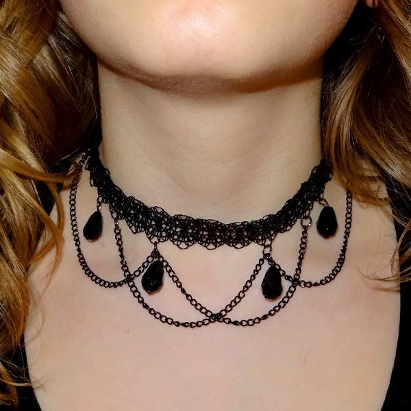 Gothic Halsband mit Spitze und Perlen schwarz