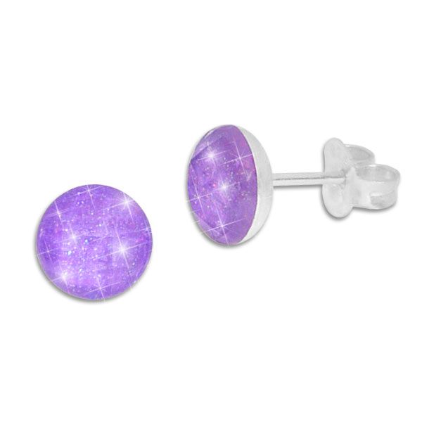 Runde Ohrstecker facettiert lila mit Glitzer 925 Silber