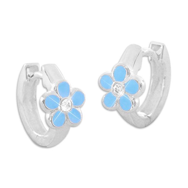 Kinder Creolen mit blauen Blumen und weißen Zirkonia 925 Silber Mädchen Ohrringe