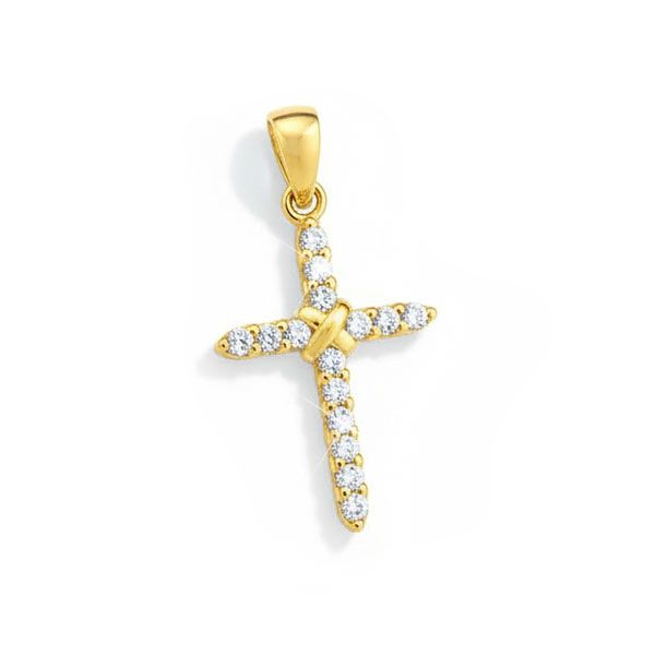 Vergoldetes Kreuz mit 15 Zirkonia Strass Steinen 925 Silber Anhänger