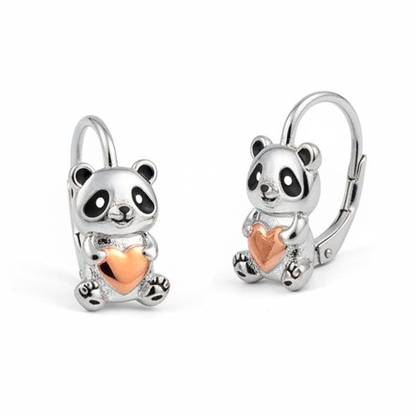 Panda Kinder Ohrringe mit rotvergoldetem Herz 925 Silber