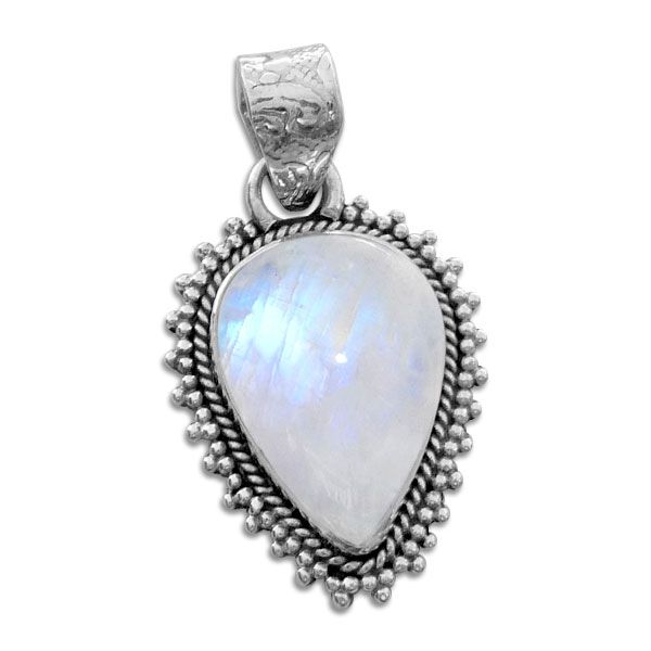 Regenbogenmondstein Anhänger gedrehter filigraner Tropfen 925 Silber