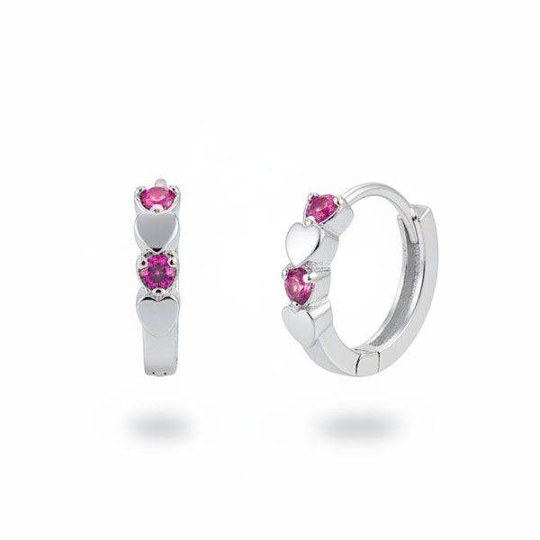 Creolen mit 4 Herzen und rubinroten Zirkonia 13 x 2 mm 925 Silber
