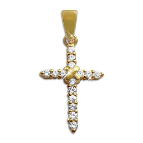 Vergoldetes Kreuz mit 15 Zirkonia Strass Steinen 925 Silber Anhänger