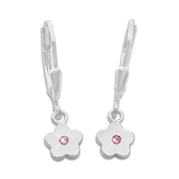 Kinder Ohrringe glänzende Blumen mit rubinroten Zirkonia 925 Silber