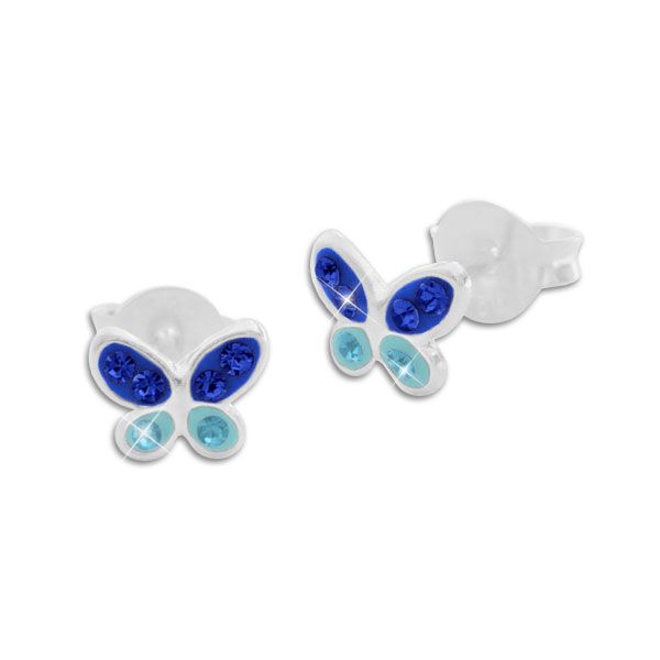 Kinderschmuck Ohrstecker blaue Schmetterlinge mit Strass 925 Silber