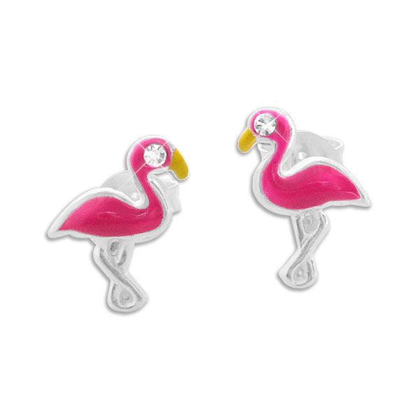 Flamingo Ohrstecker Ohringe neon pink mit Kristall Auge 925 Silber