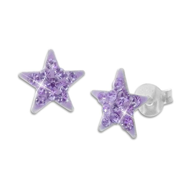 Mädchen Ohrstecker lila Sterne mit Strass Kristallen 925 Silber