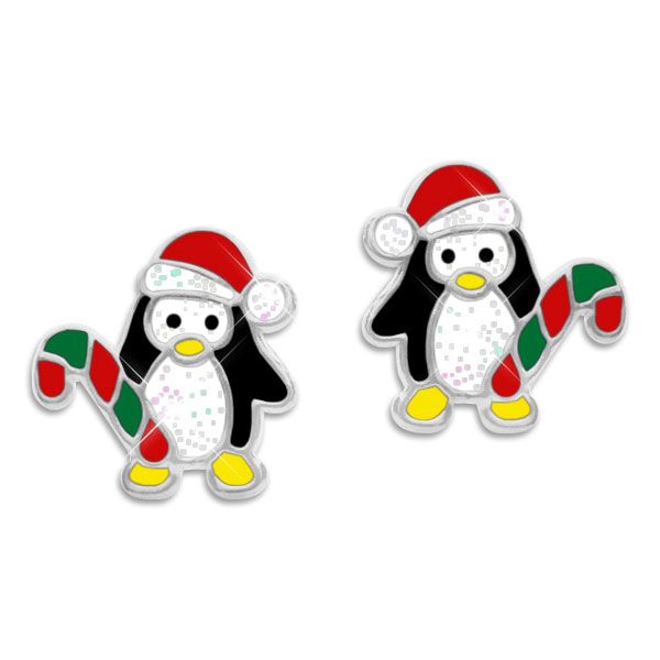 Ohrringe Pinguin mit Zuckerstange und Weihnachtsmütze 925 Silber