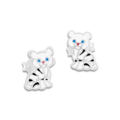 Weißer Tiger Ohrstecker 925 Silber Katzen Kinder Ohrringe