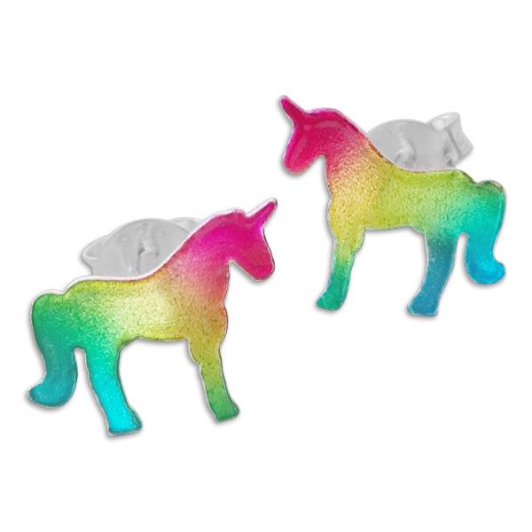 Bunte Regenbogen Einhorn Ohrstecker Ohrringe Silhouette 925 Silber