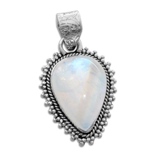 Regenbogenmondstein Anhänger gedrehter filigraner Tropfen 925 Silber