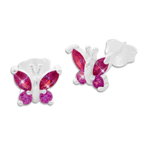 Kinder Ohrringe Schmetterling mit pinken Strass Zirkonia 925 Silber