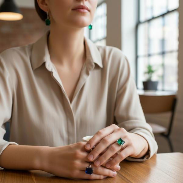 Frau trägt dezente Ringe und Ohrringe mit farbintensiven synthetischen Edelsteinen im Alltag