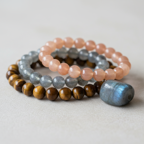 Mehrere Edelstein-Kugelarmbänder aus Tigerauge, Labradorit und Sonnenstein sowie ein gebohrter Trommelstein als Beispiele für alltagstaugliche Armbänder ohne hohe Fassungen