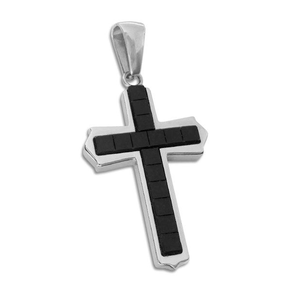 Edelstahl Kreuz Anhänger mit schwarzen viereckigen Steinen