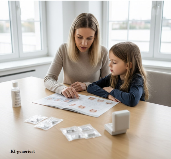 Mutter und Kind sitzen nebeneinander auf einem Sofa und schauen gemeinsam auf eine kleine Ohrring-Auswahl, symbolisch für die Entscheidung zum richtigen Zeitpunkt für Ohrlöcher