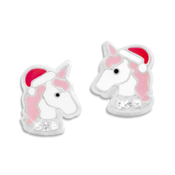 Ohrstecker Einhorn mit Weihnachtsmütze und Strass Steinen 925 Silber