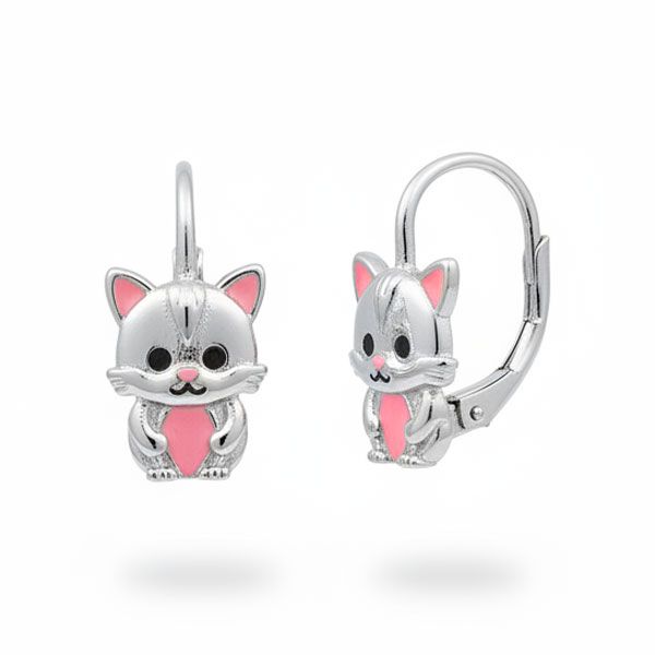 Ohrringe für Kinder mit Katze rosa / schwarz 925 Silber