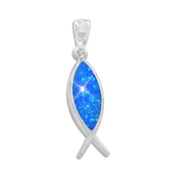 Massiver Fisch Anhänger mit blauem Opal 925 Silber Jesus Ichthys 